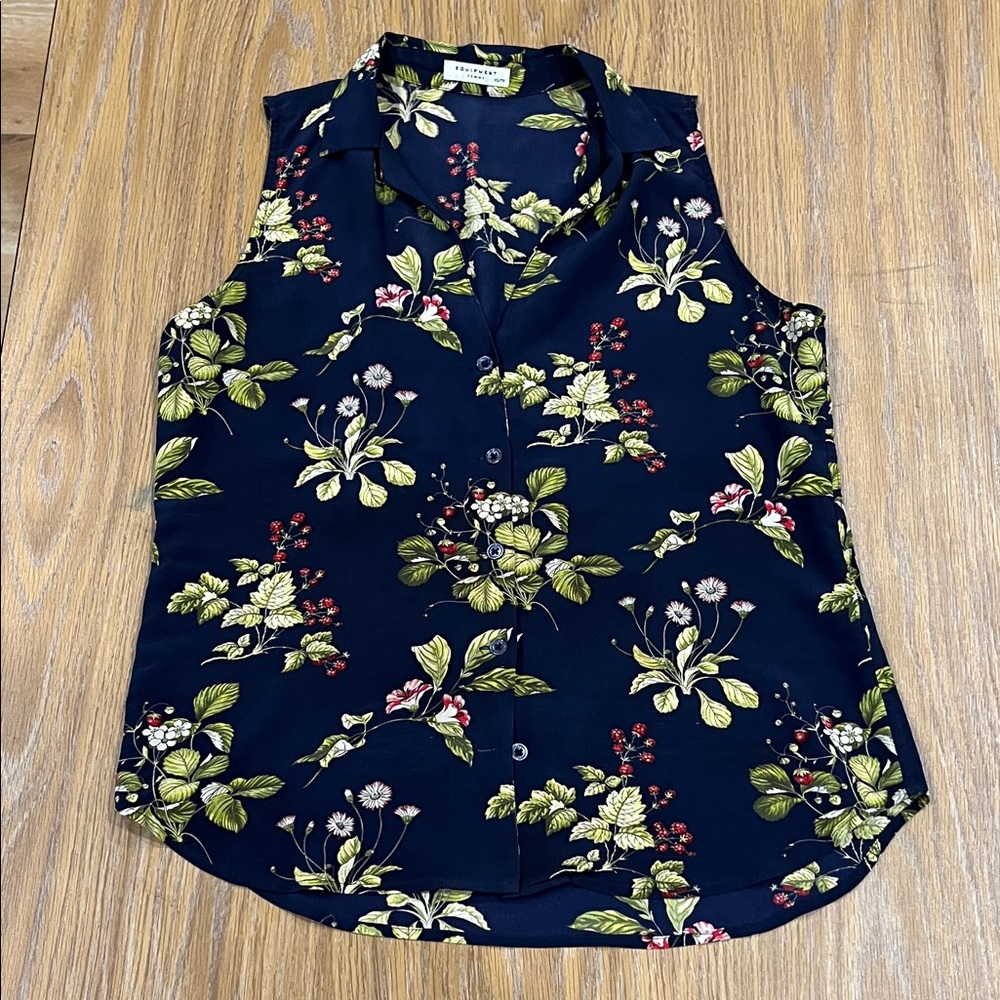 Equipment Navy Floral Sleeveless Blouse
